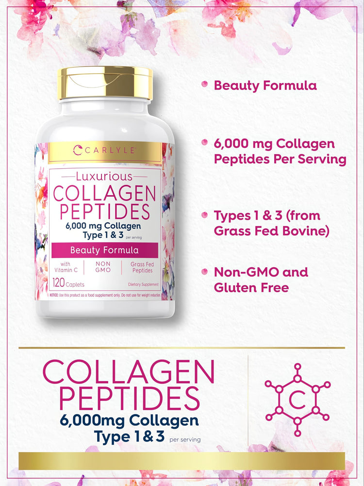Carlyle Collagen Peptides with 6,000 mg Type 1 & 3, grass-fed, includes Vitamin C, 120 caplets.