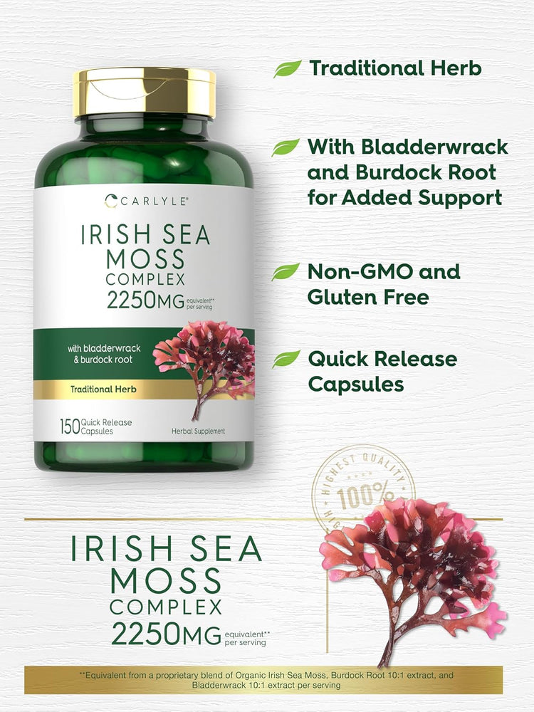 Bottle of Irish Sea Moss Complex 2250MG per serving, containing 150 Quick Release Capsules.