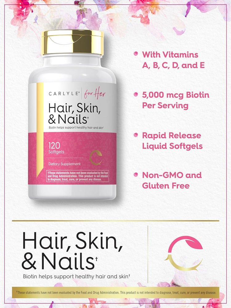 Carlyle for Her Hair, Skin, & Nails features 120 rapid release liquid softgels in a bottle.