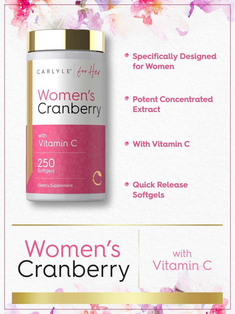 Carlyle for Her Women's Cranberry with Vitamin C, 250 Softgels Dietary Supplement bottle.