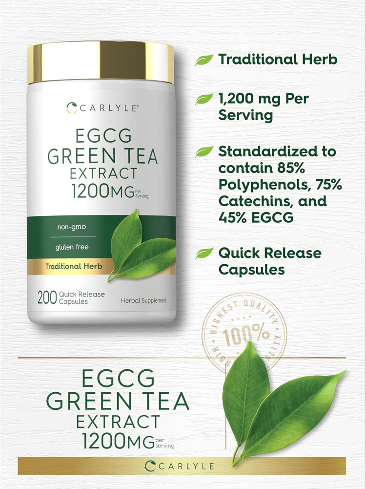 Carlyle EGCG Green Tea Extract 1200 mg per serving, with 200 quick release capsules, features prominently.
