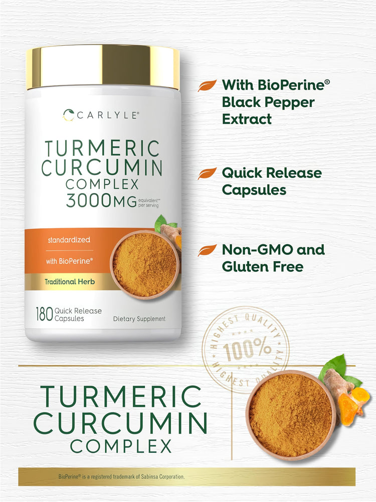 Carlyle Turmeric Curcumin Complex 3000 MG with BioPerine®, 180 Quick Release Capsules.