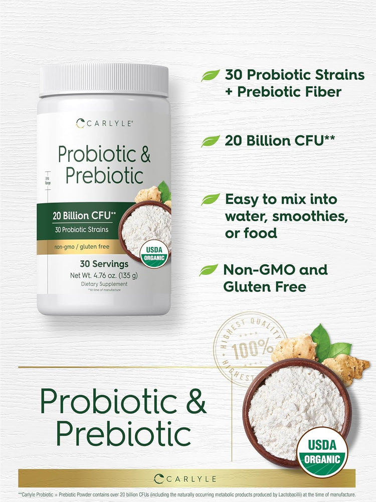 Carlyle Probiotic & Prebiotic powder with 20 Billion CFU, 30 Strains, 30 Servings, non-GMO, gluten-free, USDA Organic, 4.76 oz.