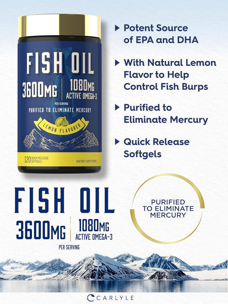 Product highlights graphic stating Potent Source of EPA & DHA, Lemon Flavor for No Fish Burps, Purified to Eliminate Mercury.