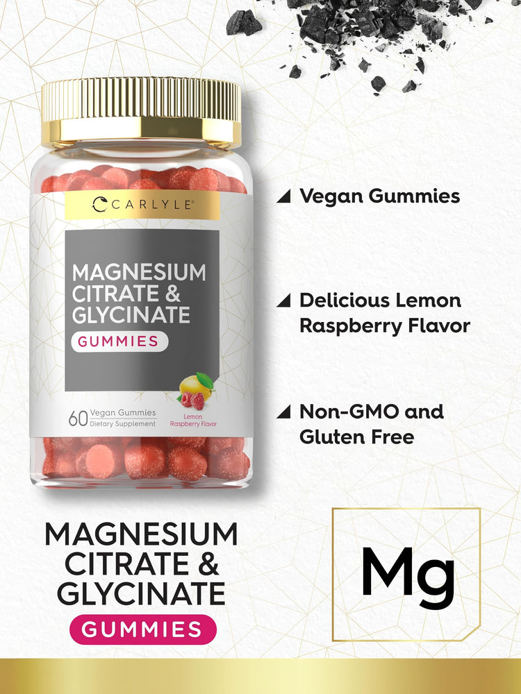 Carlyle Magnesium Citrate & Glycinate 60 vegan gummies in lemon raspberry flavor as a dietary supplement.