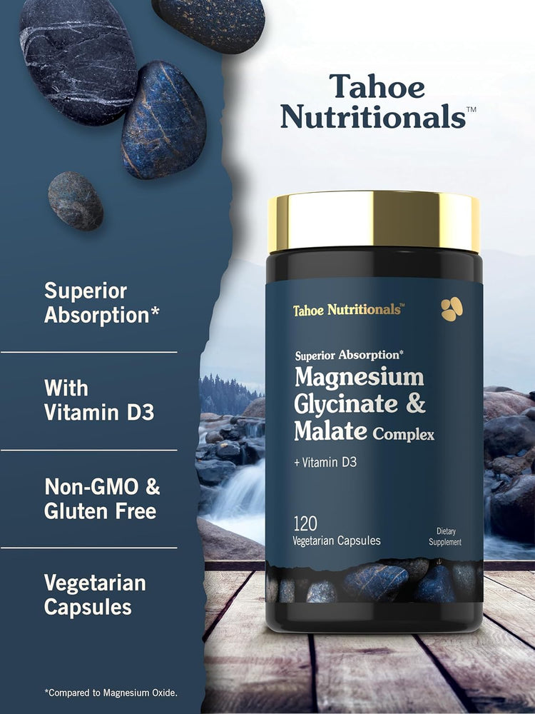 Magnesium Glycinate & Malate Complex with Vitamin D3, 120 Vegetarian Capsules, Dietary Supplement, bottle image.