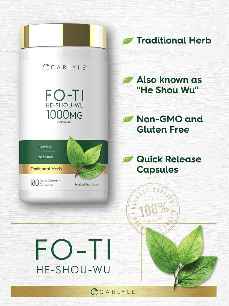 Product highlights graphic stating Traditional Herb, known as 'He Shou Wu', Non-GMO and Gluten Free, Quick Release Capsules.