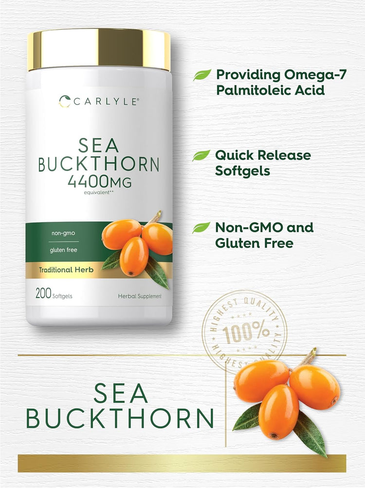 Carlyle Sea Buckthorn 4400MG equivalent herbal supplement, 200 softgels in a bottle.