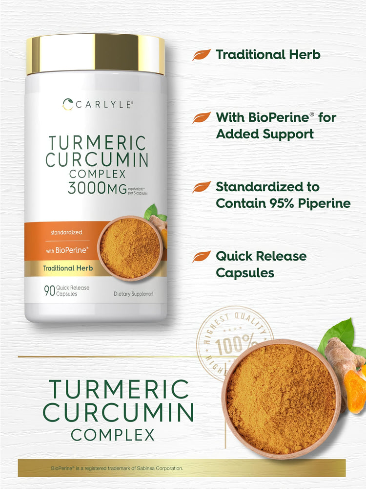 Carlyle Turmeric Curcumin Complex, 3000mg per 3 capsules, with BioPerine, 90 Quick Release Capsules.