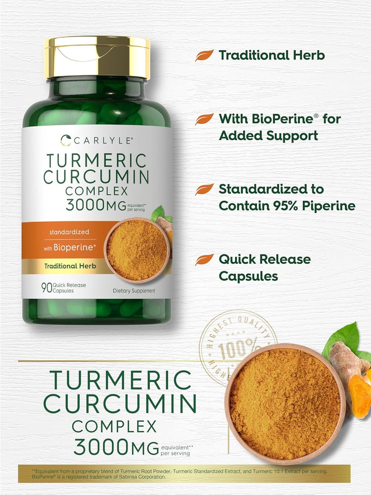 Turmeric Curcumin Complex 3000MG per serving with 90 quick release capsules is shown.