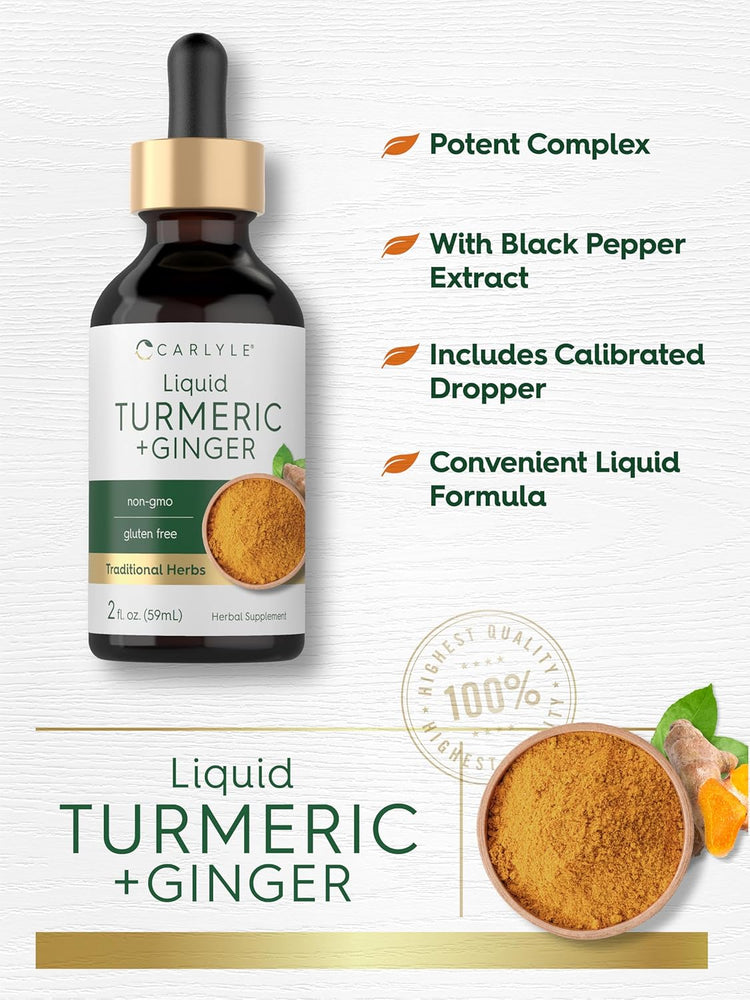 Carlyle Liquid Turmeric + Ginger supplement with dropper, 2 fl. oz. (59mL), non-gmo, gluten-free, herbal extract.