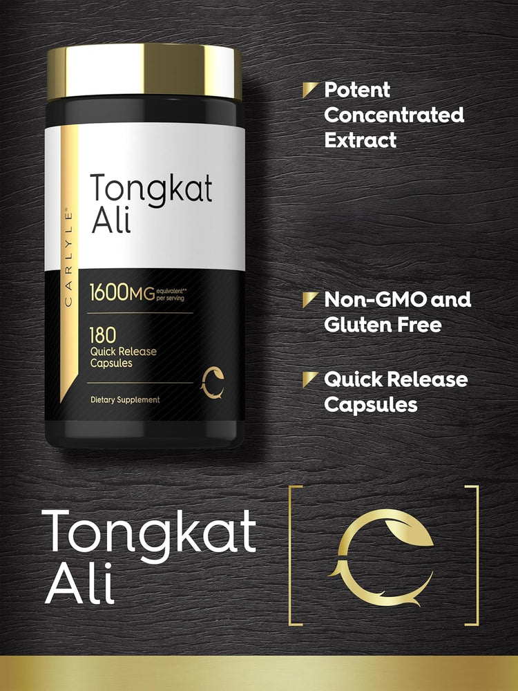 Tongkat Ali 1600MG 180 quick release capsules displayed in a bottle.