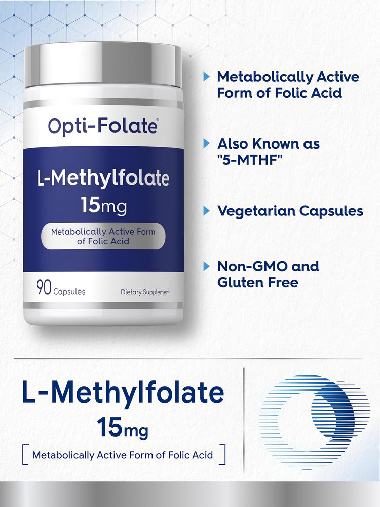 Product highlights graphic stating Metabolically Active Form of Folic Acid, Also Known as '5-MTHF', Vegetarian Capsules, Non-GMO, Gluten Free.