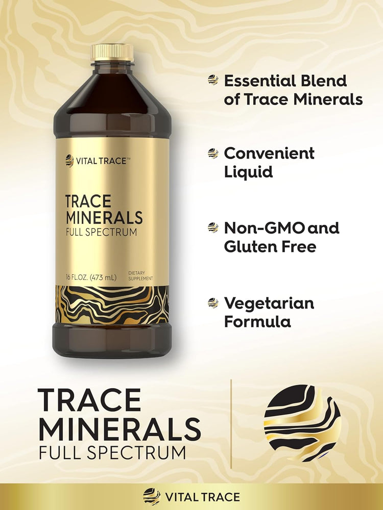 Product highlights graphic stating Essential Blend of Trace Minerals, Convenient Liquid, Non-GMO and Gluten Free, Vegetarian Formula