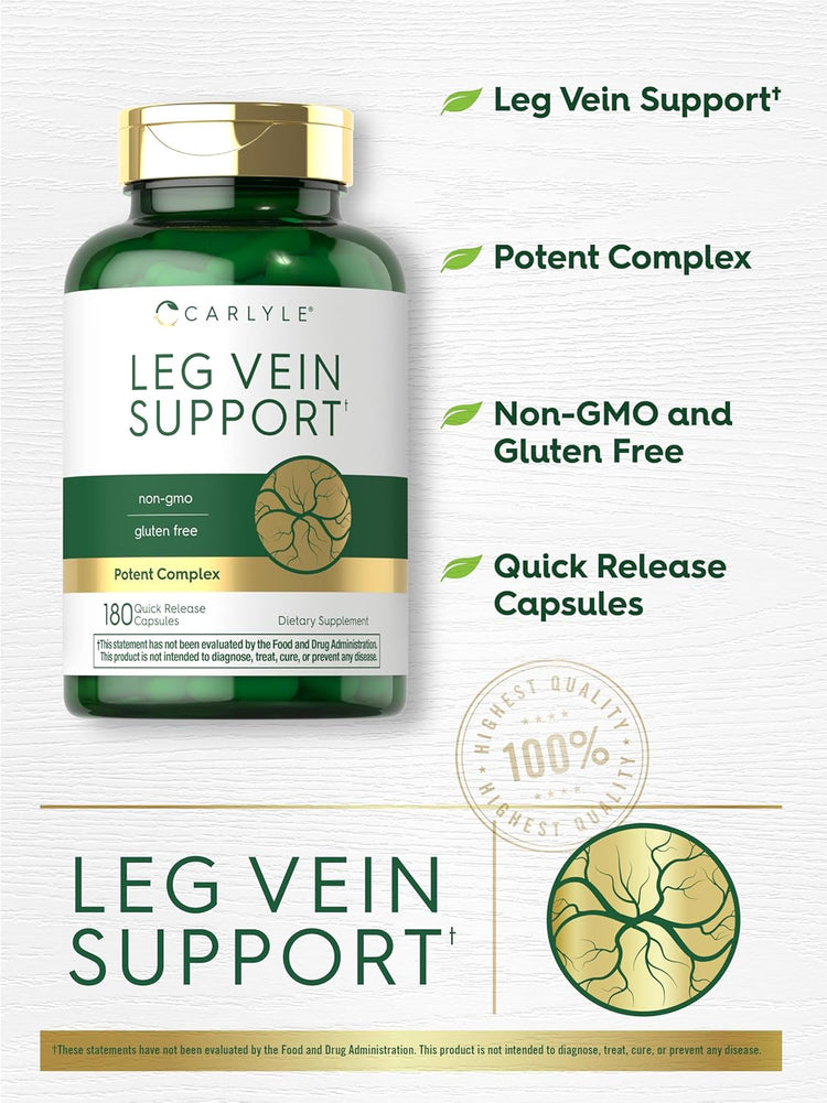 Carlyle Leg Vein Support 180 Quick Release Capsules dietary supplement bottle. Non-GMO, gluten-free, potent complex.