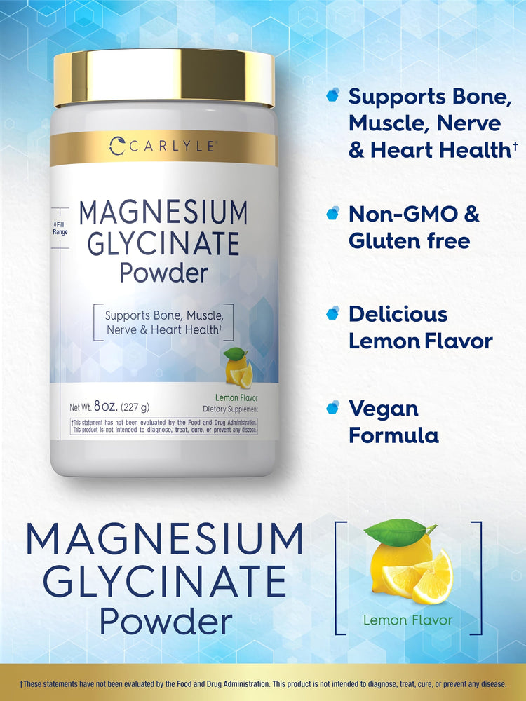 Product highlights graphic stating Supports Bone, Muscle, Nerve & Heart Health†, Non-GMO & Gluten free, Lemon Flavor, Vegan.