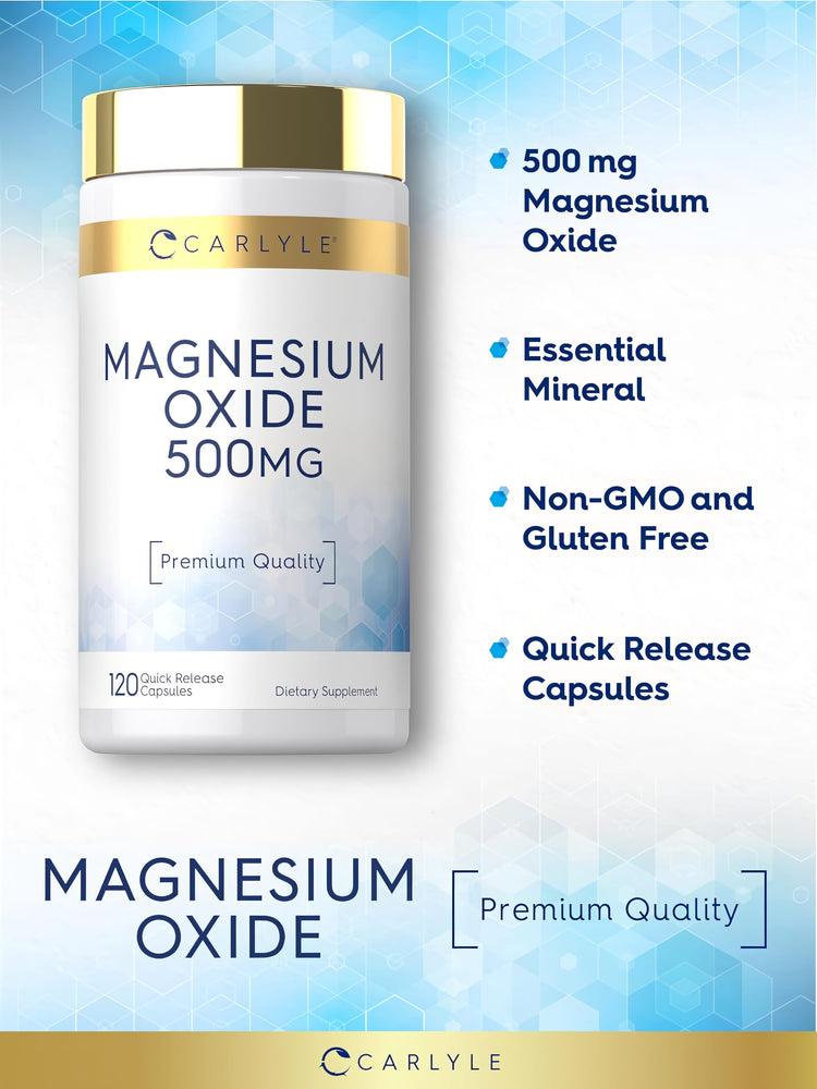 Product highlights graphic stating 500 mg Magnesium Oxide, Essential Mineral, Non-GMO, Gluten Free, Quick Release Capsules.