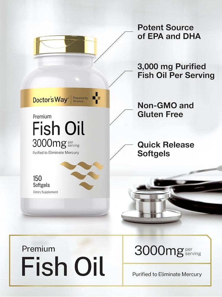 Doctor's Way Premium Fish Oil 3000mg per serving, 150 softgels, purified to eliminate mercury.