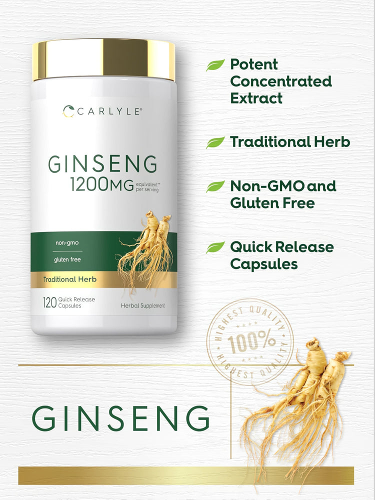 Ginseng 1200 mg equivalent per serving, 120 Quick Release Capsules. Non-GMO and gluten-free herbal supplement.