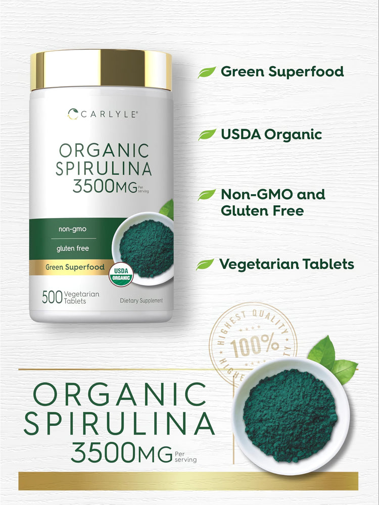 Carlyle Organic Spirulina 3500mg per serving, 500 Vegetarian Tablets. Non-GMO, gluten-free, green superfood, USDA organic.