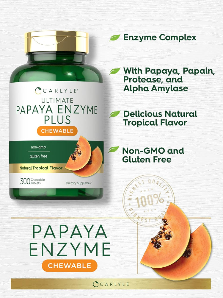 Carlyle Ultimate Papaya Enzyme Plus Chewable Tablets, 300 count, in natural tropical flavor, are non-GMO and gluten-free.