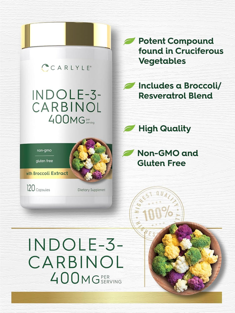 Carlyle Indole-3-Carbinol 400mg per serving, 120 capsules, dietary supplement bottle shown.