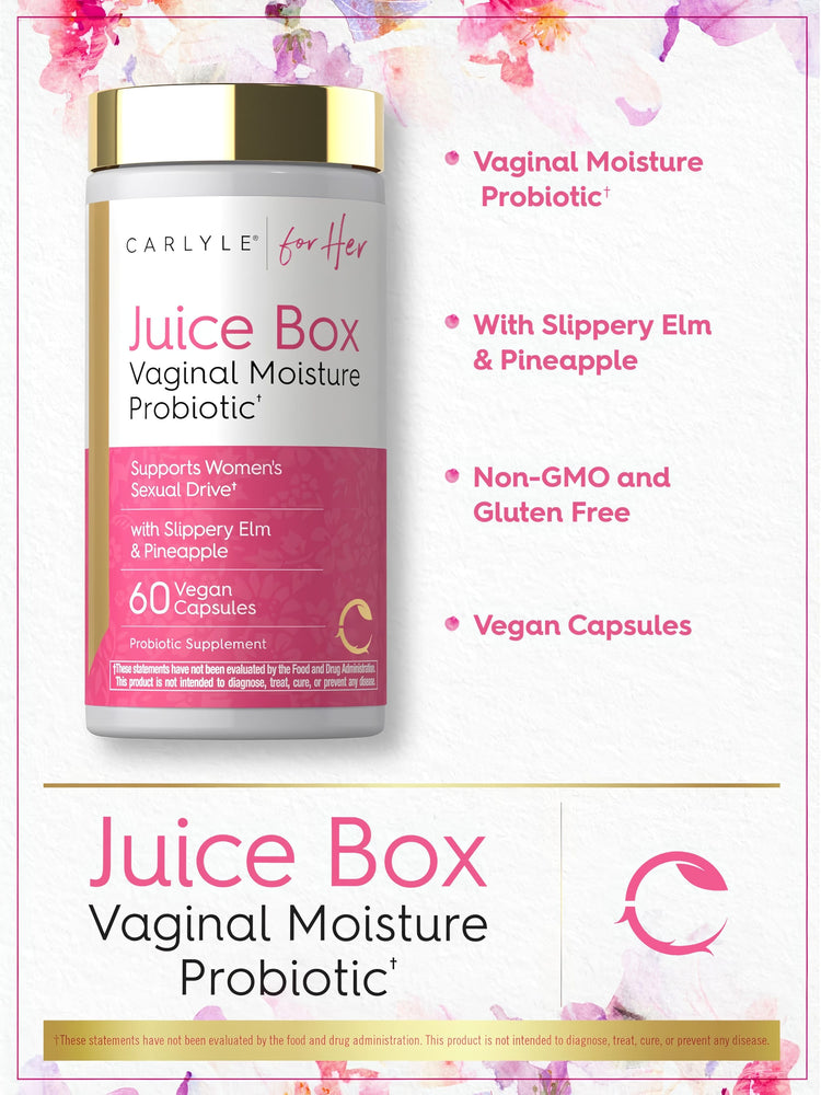 Product highlights graphic stating Vaginal Moisture Probiotic† with Slippery Elm & Pineapple, Non-GMO, Gluten Free, Vegan Capsules.