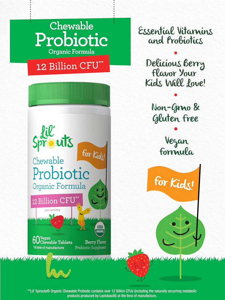 Product highlights graphic stating Essential Vitamins and Probiotics, Delicious Berry Flavor Kids Will Love, Non-GMO, Gluten-Free, Vegan.
