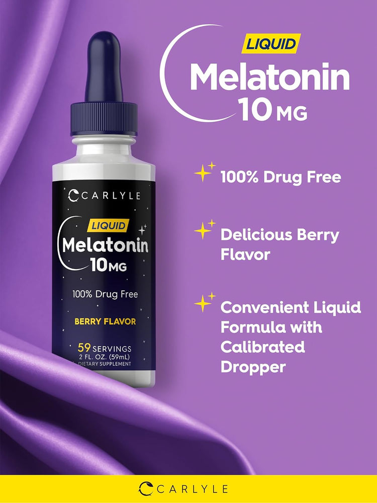 Carlyle Liquid Melatonin 10 mg, Berry Flavor, offers 59 servings in a 2 fl. oz. bottle.