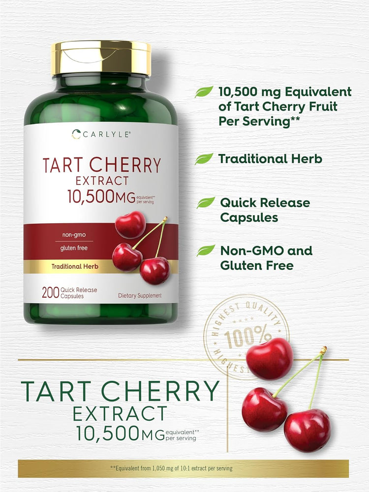 Carlyle Tart Cherry Extract 10,500 mg equivalent with 200 quick-release capsules.