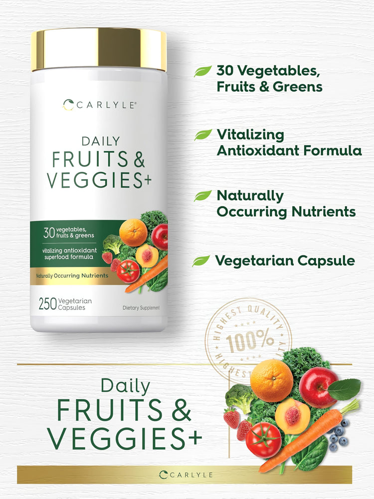 Product highlights graphic stating 30 Veggies, Fruits & Greens, Vitalizing Antioxidant Formula, Naturally Occurring Nutrients, Vegetarian Capsule.