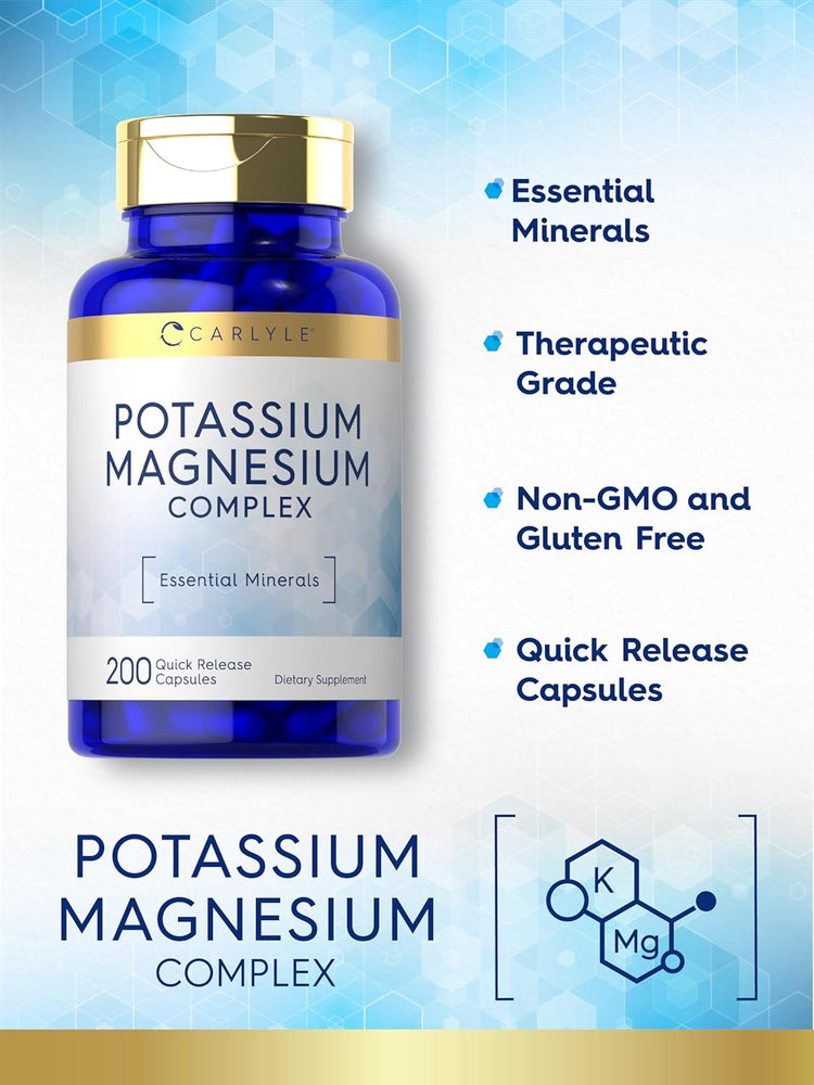 Carlyle Potassium Magnesium Complex 200 quick release capsules dietary supplement bottle.