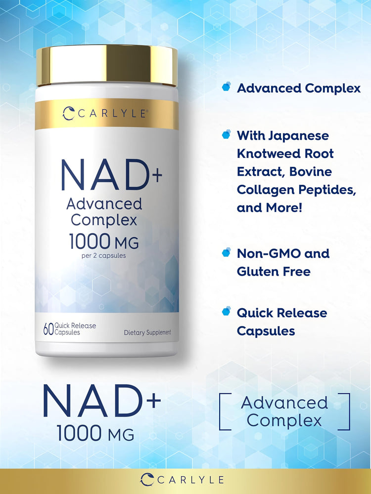 Product highlights graphic stating Advanced Complex, Japanese Knotweed Root Ext, Bovine Collagen Peptides, Non-GMO & Gluten Free.