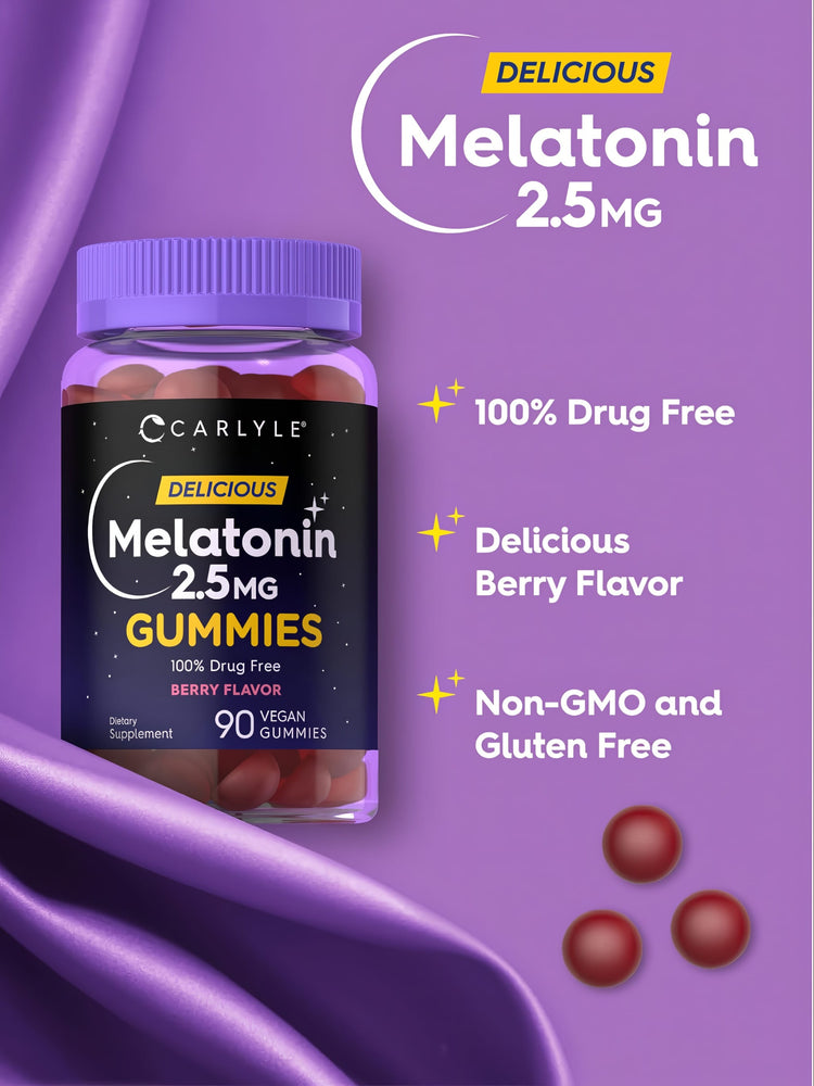 Carlyle DELICIOUS Melatonin 2.5 MG Gummies, Berry Flavor, 100% drug-free, with 90 vegan gummies as a dietary supplement.