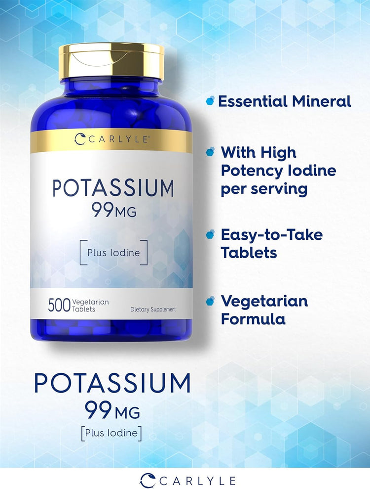Carlyle Potassium 99 mg plus Iodine, 500 Vegetarian Tablets, Dietary Supplement.
