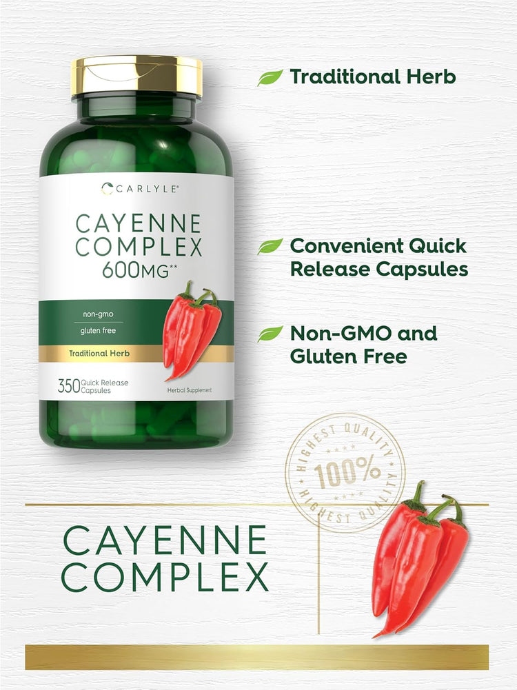 Carlyle Cayenne Complex 600 mg, 350 quick-release capsules in a product bottle, suitable for dietary supplements.