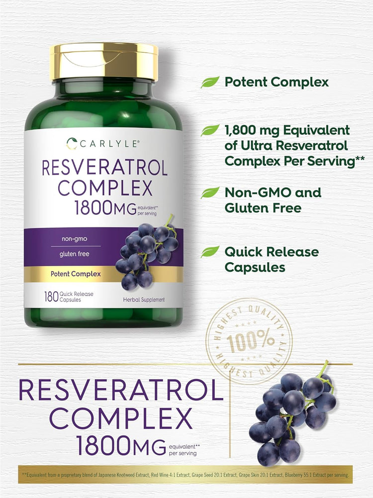 Carlyle Resveratrol Complex 1800mg in 180 quick release capsules. Non-GMO, gluten-free, and a potent supplement.