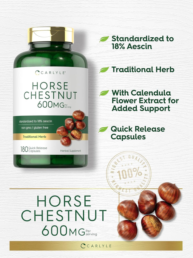 Carlyle Horse Chestnut supplement offers 600mg per serving with 18% Aescin, available in 180 quick release capsules.