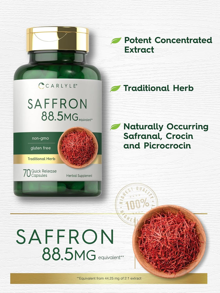 Carlyle Saffron 88.5mg Herbal Supplement with 70 quick-release capsules, non-GMO, gluten-free, traditional herb.