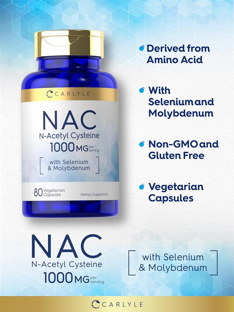 NAC N-Acetyl Cysteine 1000 MG per serving with Selenium and Molybdenum, 80 Vegetarian Capsules Dietary Supplement.