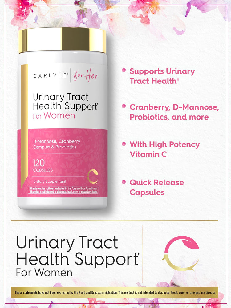 Product highlights graphic stating supports urinary tract health: Cranberry, D-Mannose, Probiotics, Vitamin C, Quick Release Capsules.