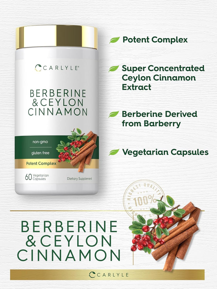 Carlyle Berberine & Ceylon Cinnamon dietary supplement contains 60 vegetarian capsules.