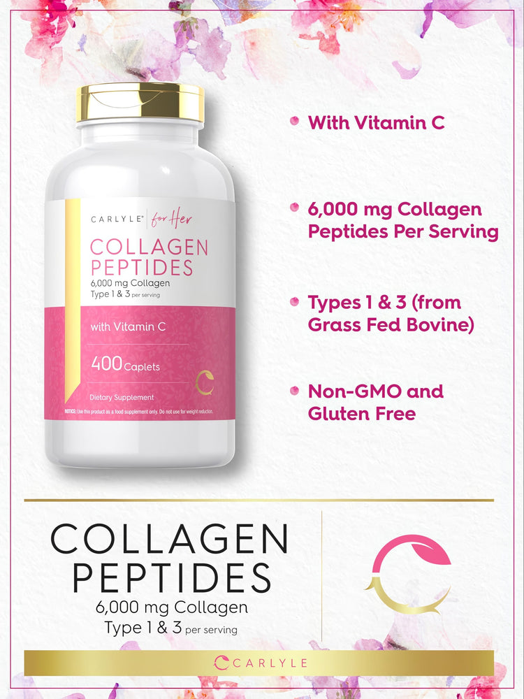 Carlyle Collagen Peptides, 6,000 mg of Collagen Type 1 & 3 with Vitamin C, contains 400 caplets.