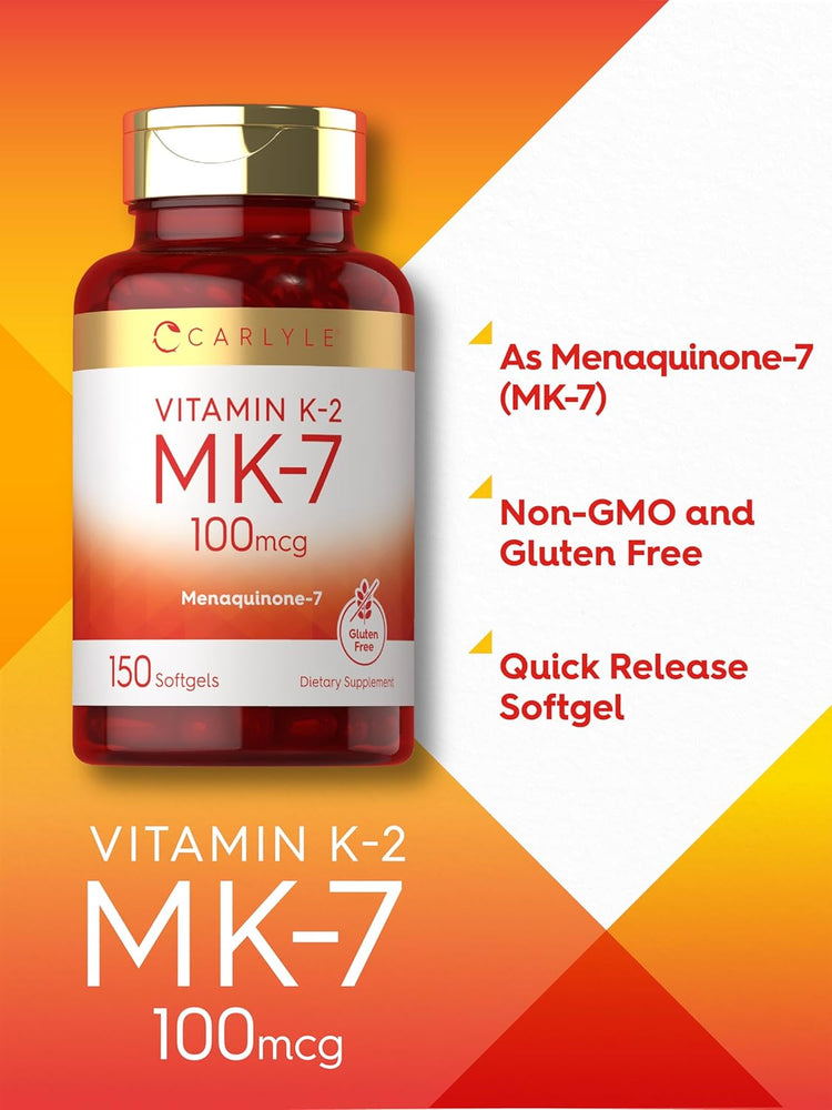 Carlyle Vitamin K-2 MK-7 100mcg with 150 softgels is shown in the product image.