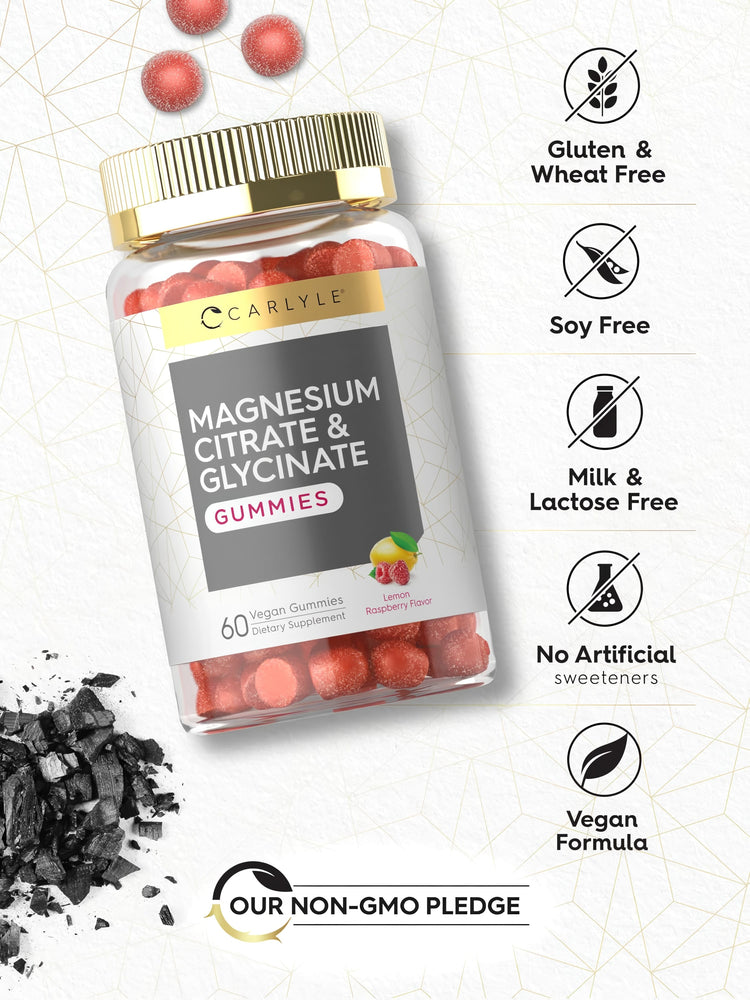 Carlyle Magnesium Citrate and Glycinate 60 Vegan Gummies in Lemon Raspberry flavor.
