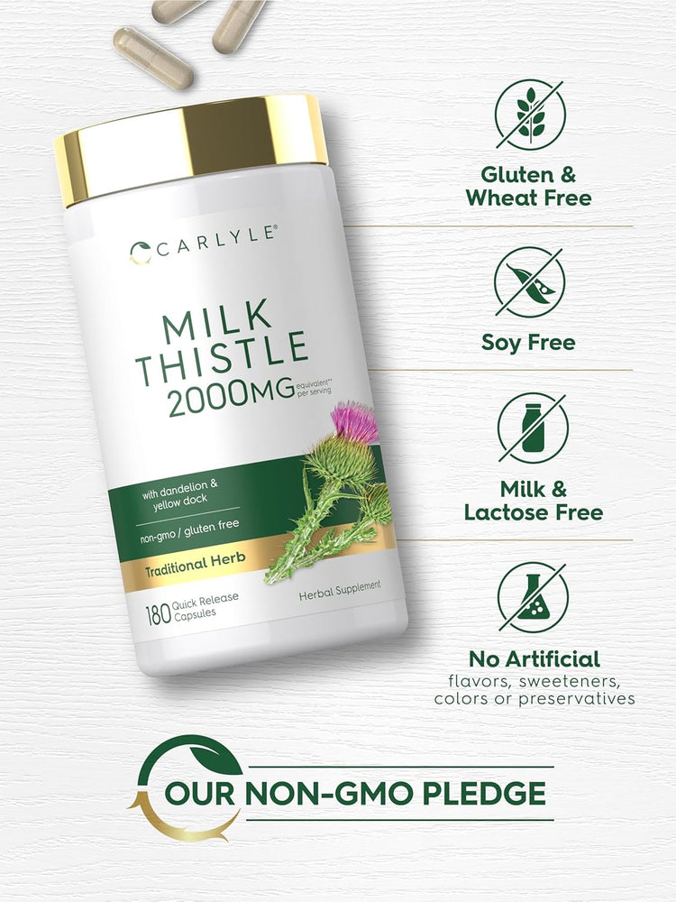 Carlyle Milk Thistle 2000MG per serving with Dandelion and Yellow Dock, 180 Quick Release Capsules for liver support.