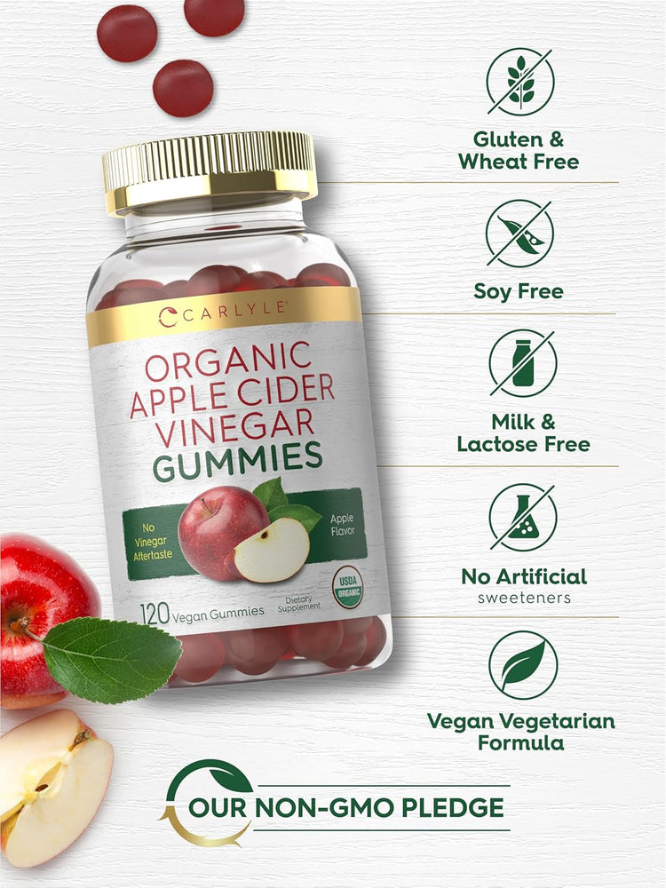 Carlyle Organic Apple Cider Vinegar Gummies, 120 vegan gummies, apple-flavored. USDA Organic certified.
