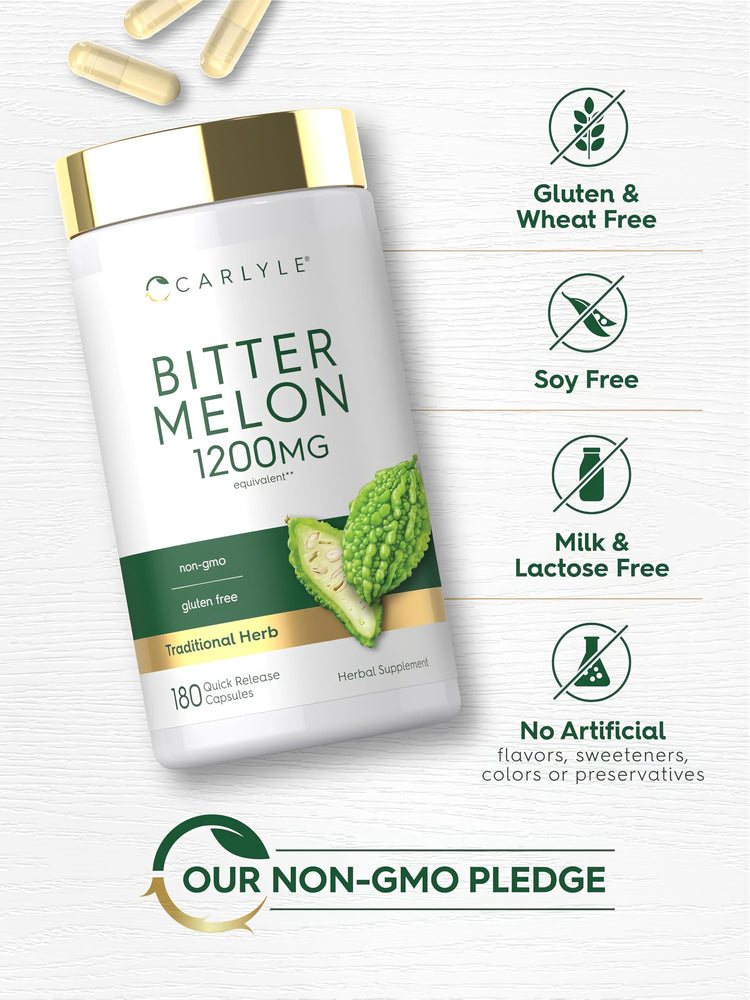 Bitter Melon bottle with icons indicating Gluten & Wheat Free, Soy Free, Milk & Lactose Free, Non-GMO, and no artificial additives.
