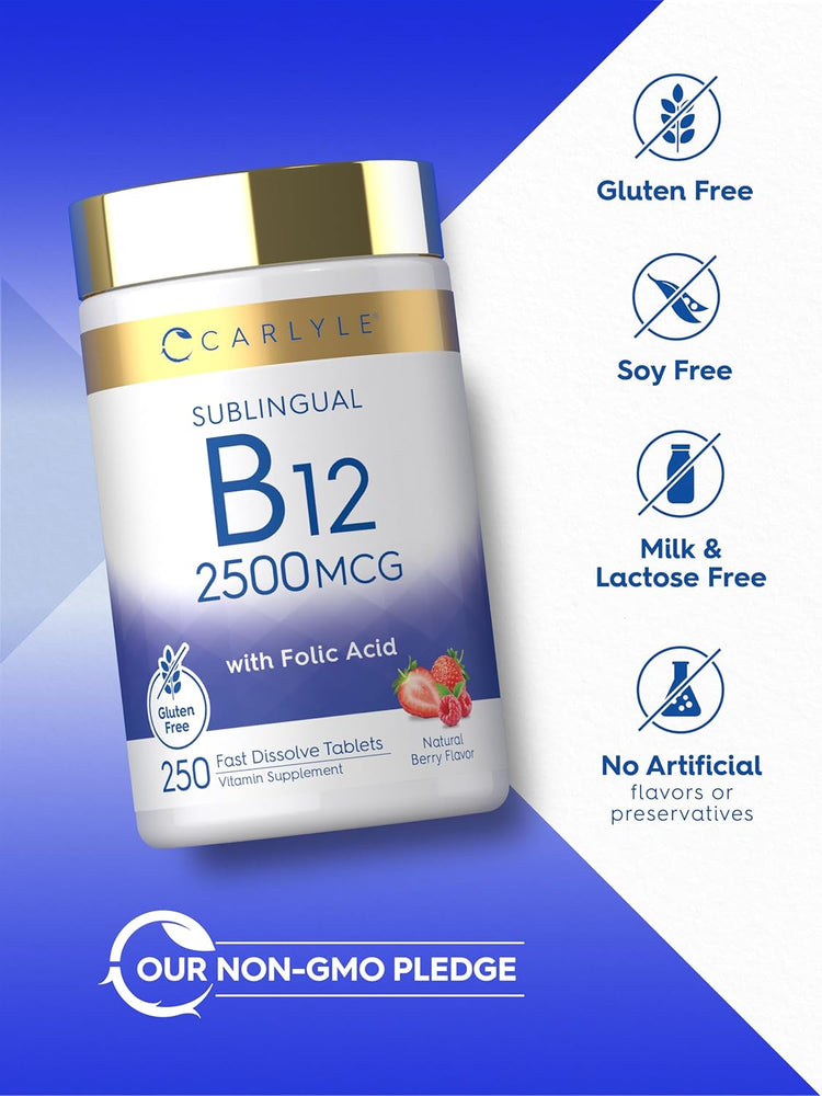 Carlyle Sublingual B12 2500 MCG with Folic Acid, 250 Fast Dissolve Tablets, Natural Berry Flavor.