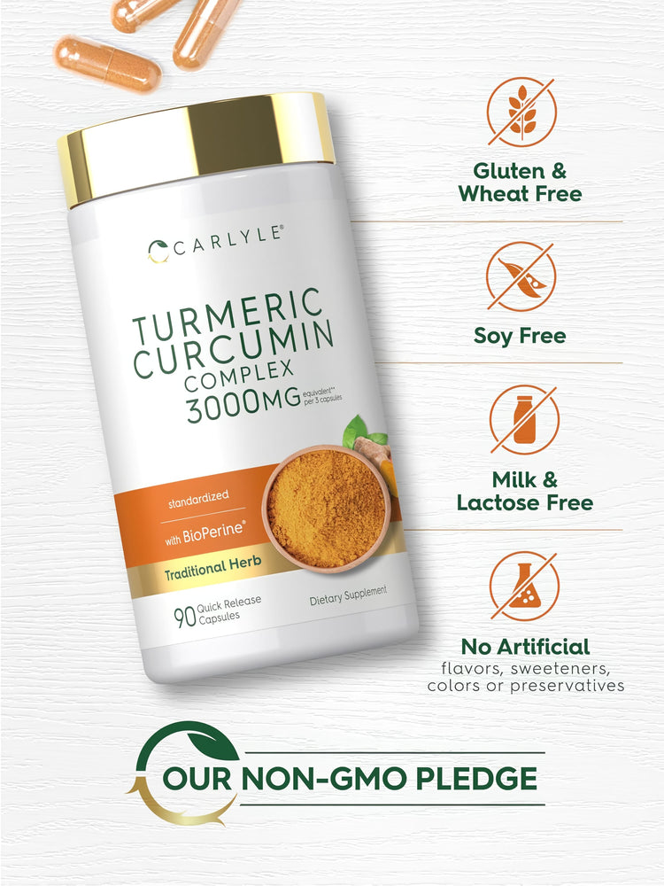 Turmeric Curcumin bottle with icons indicating Gluten Free, Soy Free, Dairy Free, No Artificial Additives, Non-GMO.